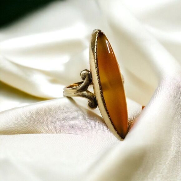 Antique 10k Gold Banded Agate Ring Sz 4.25 c1900 Victorian Navette Ring 2.7g - Picture 11 of 16